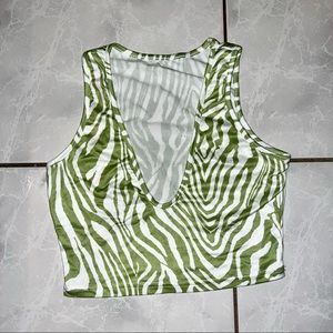 sage green zebra print v neck halter crop top